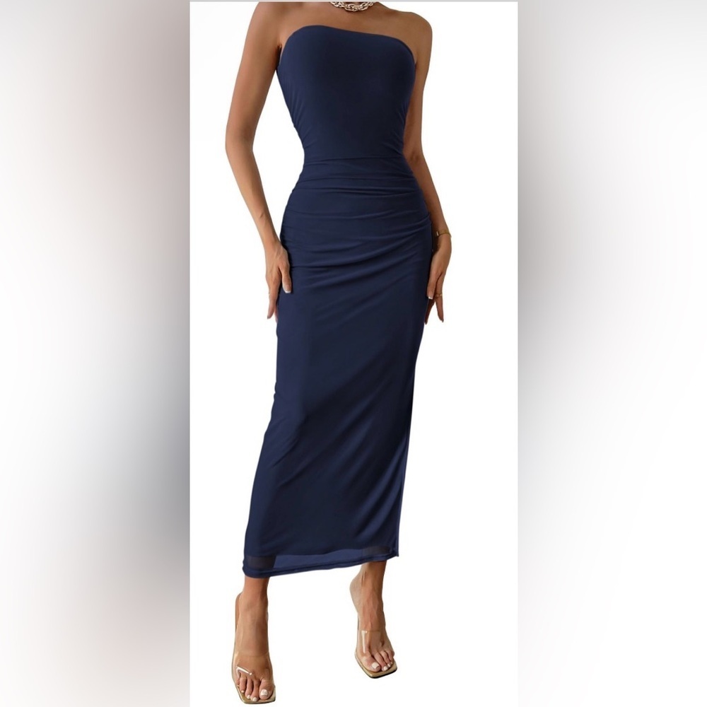 PrettyGarden Navy Strapless Ruched Tube Dress | Party Dress w/ Side Slit